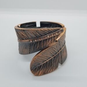 copper tone hinged bracelet feather with rhinestones